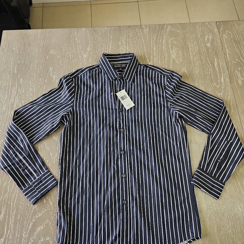 Michael Kors Men’s Button Down Long Sleeve Navy Blue & White Striped Top Small